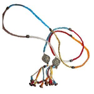 Vintage Necklace Tassel Glass Colorful Beaded Silver-Toned Floral Pendant Tribal